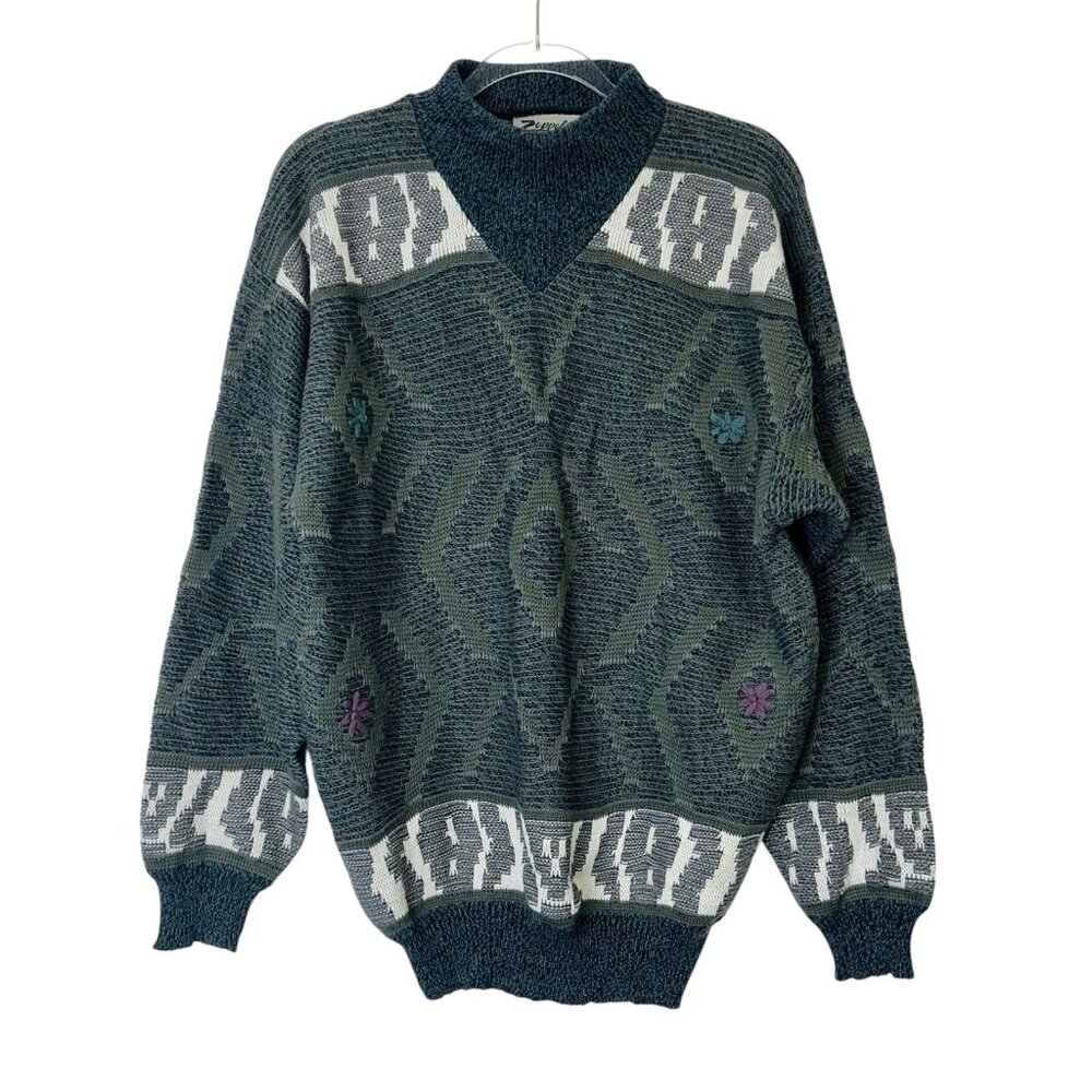 Vintage Zeppelin Embroidered‎ Knit Sweater Women’s Size Large Green 80s